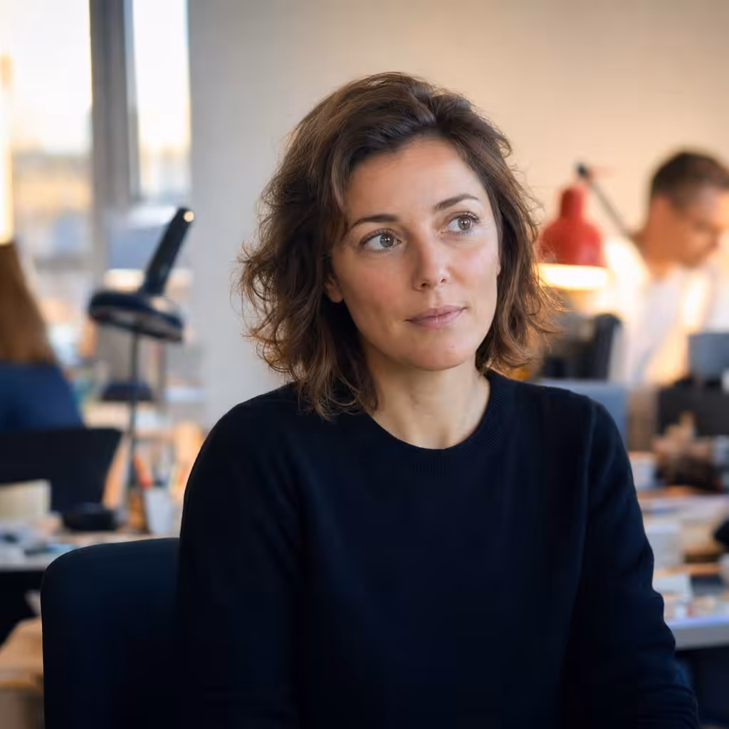 Femme pensive dans un bureau moderne